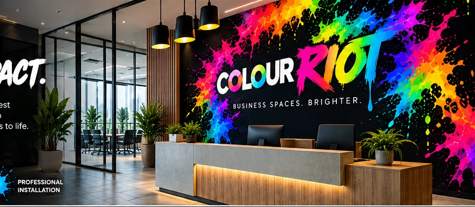 Colourful printed reception wall in a modern business space